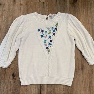 Vtg Cream Sweater Women S Peter Pan Crochet Collar Floral Embroidery Cottagecore